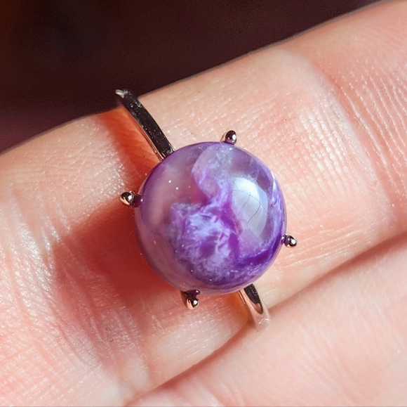 Jewelry - Natural Charoite 925 Sterling Silver Adjustable Crystal Ring